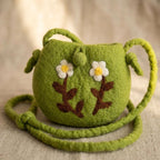 Handmade Wool Felt Shoulder Bag with Needle Felted White Flowers, Green Floral Pouch, 6.7 x 5.9 in