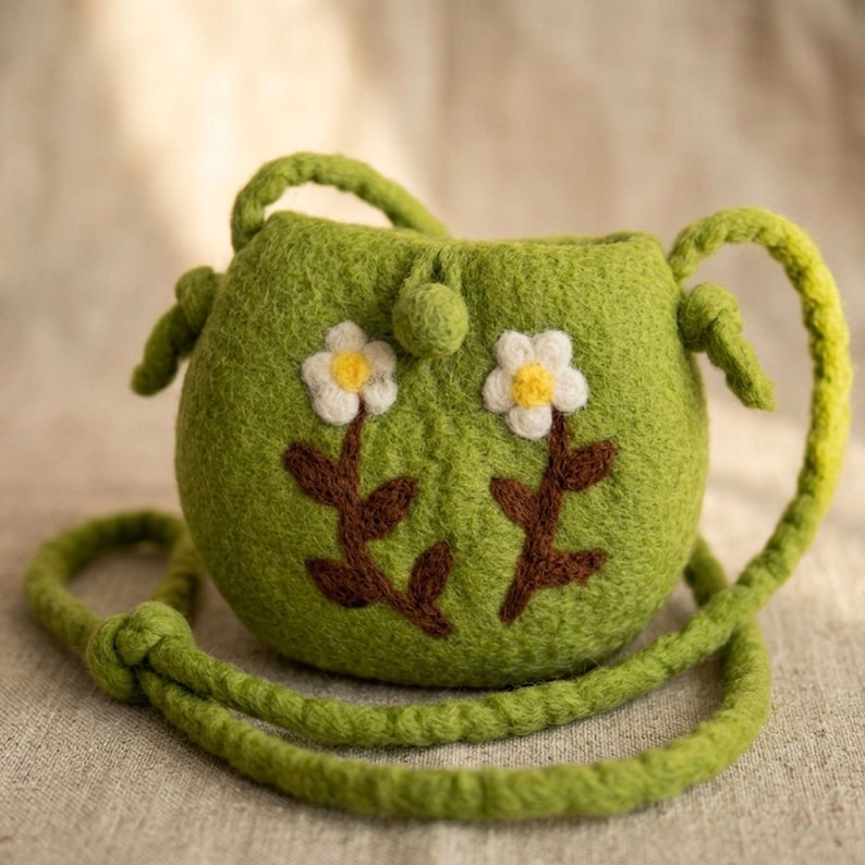 Handmade Wool Felt Shoulder Bag with Needle Felted White Flowers, Green Floral Pouch, 6.7 x 5.9 in