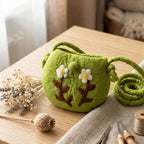Handmade Wool Felt Shoulder Bag with Needle Felted White Flowers, Green Floral Pouch, 6.7 x 5.9 in