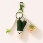 Handmade Felted Green Onion Keychain with Mini Grocery Tray Charm, Green Keyring, Wool, One Size
