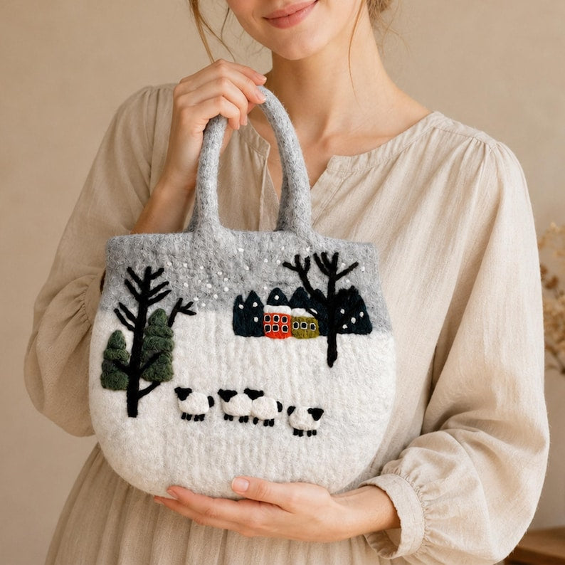 Handfelted Wool Tote Bag with Sheep and Cottage Scenery, Grey White, Zipper Closure, 13.4 x 15.4 Inches