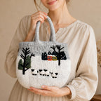 Handfelted Wool Tote Bag with Sheep and Cottage Scenery, Grey White, Zipper Closure, 13.4 x 15.4 Inches
