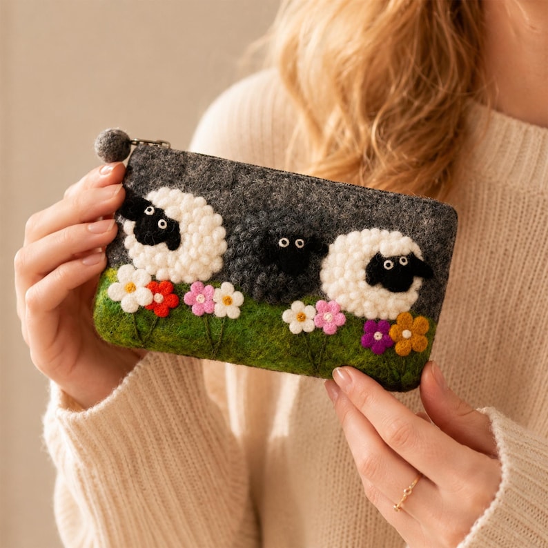 Handmade Wool Felt Sheep Meadow Pouch with Zipper, Lamb Coin Purse, 7.5 x 4.3 in