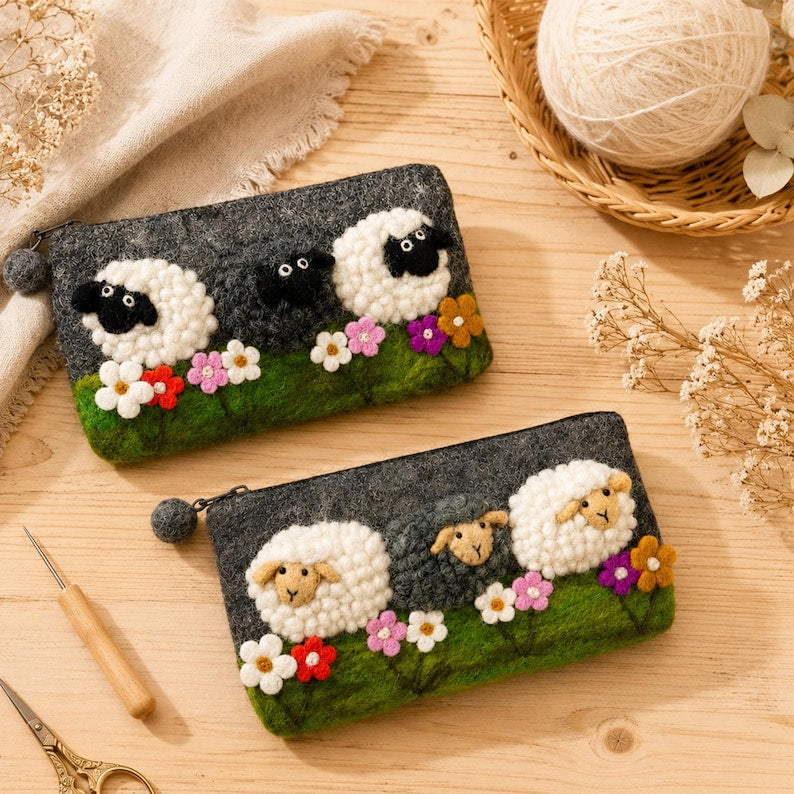 Handmade Wool Felt Sheep Meadow Pouch with Zipper, Lamb Coin Purse, 7.5 x 4.3 in