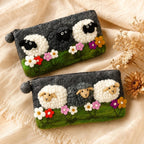 Handmade Wool Felt Sheep Meadow Pouch with Zipper, Lamb Coin Purse, 7.5 x 4.3 in