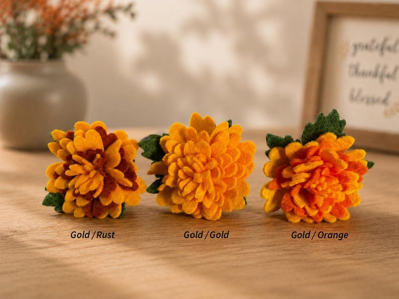 Handmade Felt Marigold Stem Artificial Fall Flower 2 Inch Bloom Gold Rust Orange