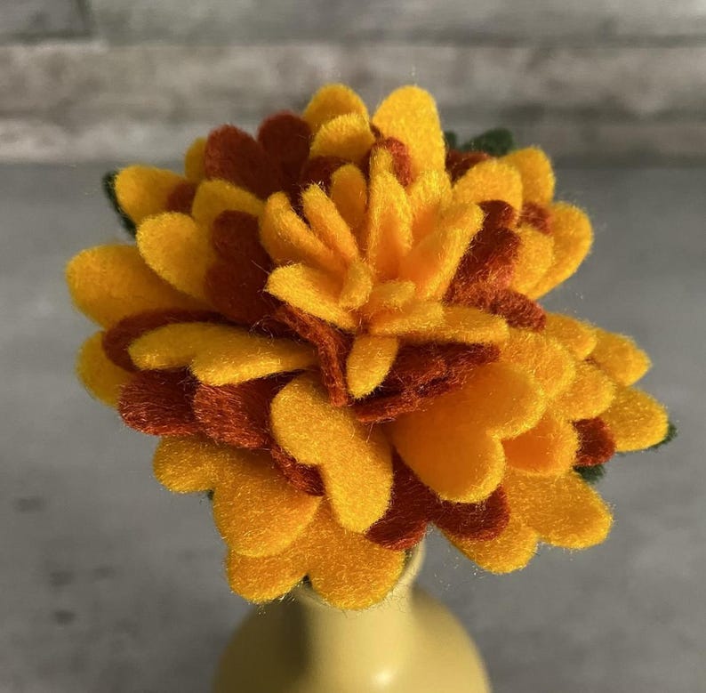 Handmade Felt Marigold Stem Artificial Fall Flower 2 Inch Bloom Gold Rust Orange