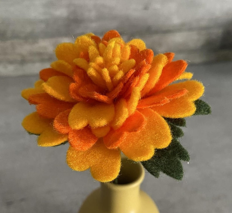 Handmade Felt Marigold Stem Artificial Fall Flower 2 Inch Bloom Gold Rust Orange