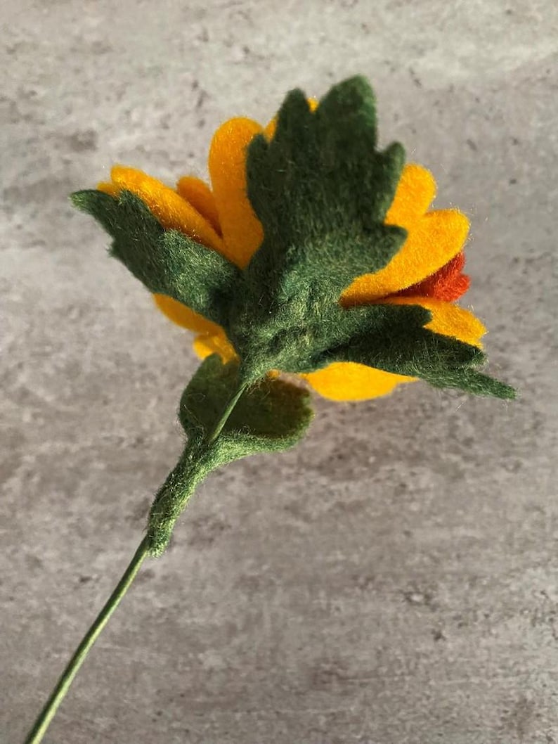 Handmade Felt Marigold Stem Artificial Fall Flower 2 Inch Bloom Gold Rust Orange