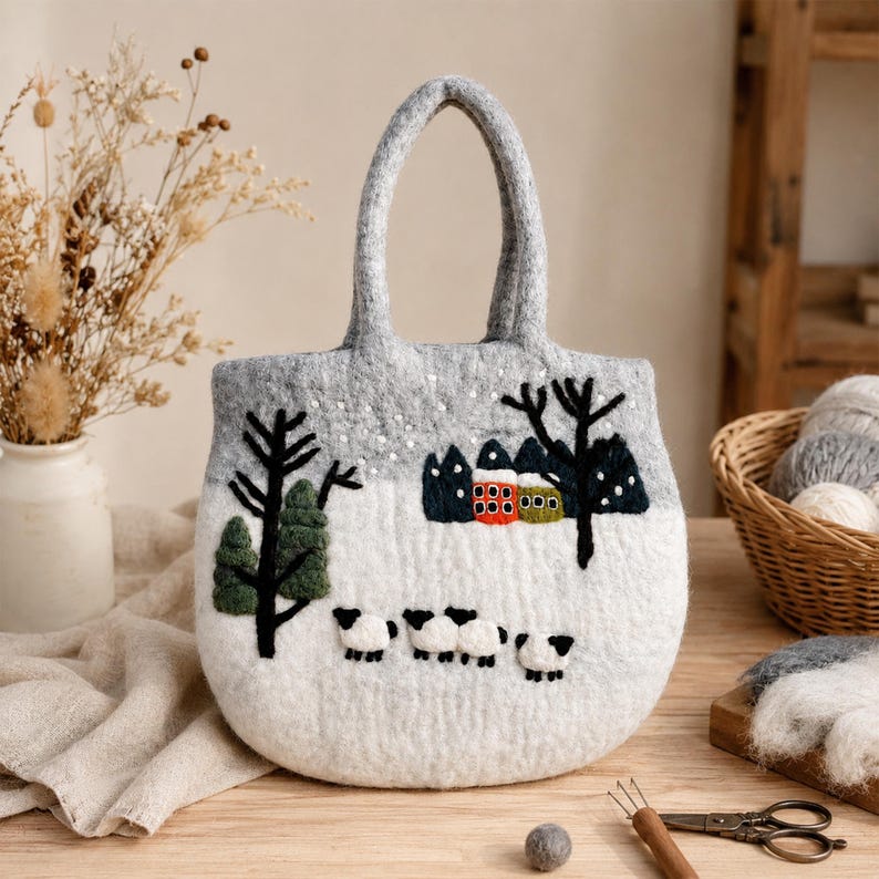 Handfelted Wool Tote Bag with Sheep and Cottage Scenery, Grey White, Zipper Closure, 13.4 x 15.4 Inches