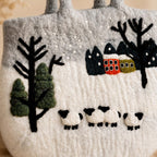 Handfelted Wool Tote Bag with Sheep and Cottage Scenery, Grey White, Zipper Closure, 13.4 x 15.4 Inches