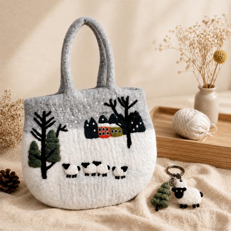 Handfelted Wool Tote Bag with Sheep and Cottage Scenery, Grey White, Zipper Closure, 13.4 x 15.4 Inches
