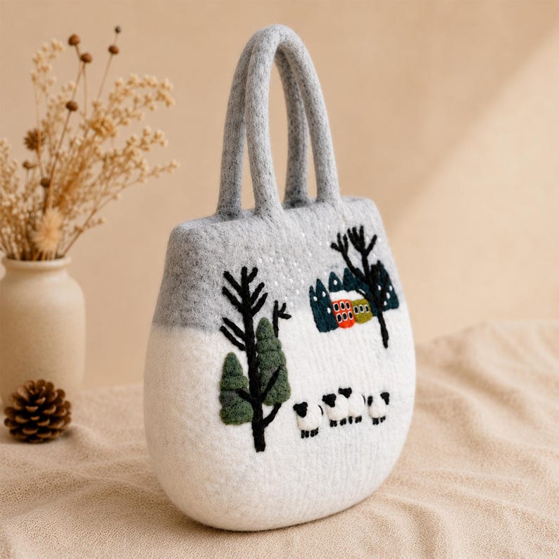 Handfelted Wool Tote Bag with Sheep and Cottage Scenery, Grey White, Zipper Closure, 13.4 x 15.4 Inches