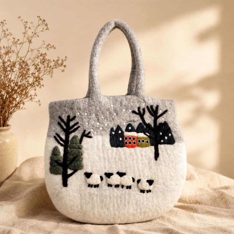 Handfelted Wool Tote Bag with Sheep and Cottage Scenery, Grey White, Zipper Closure, 13.4 x 15.4 Inches
