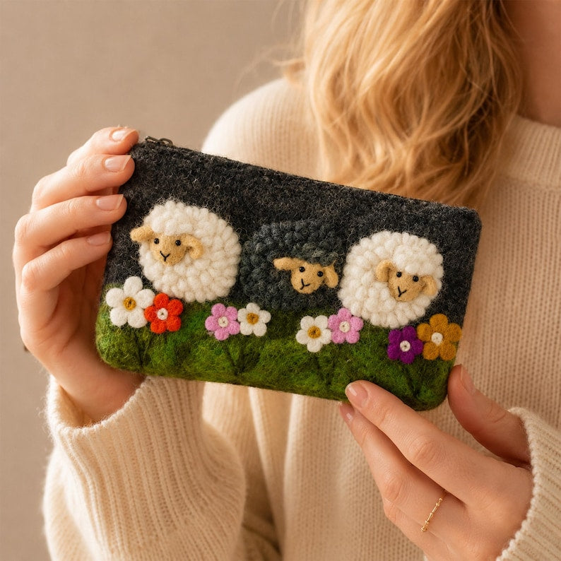 Handmade Wool Felt Sheep Meadow Pouch with Zipper, Lamb Coin Purse, 7.5 x 4.3 in