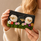 Handmade Wool Felt Sheep Meadow Pouch with Zipper, Lamb Coin Purse, 7.5 x 4.3 in