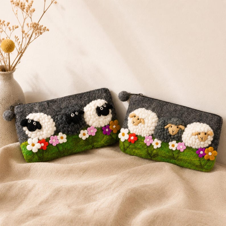 Handmade Wool Felt Sheep Meadow Pouch with Zipper, Lamb Coin Purse, 7.5 x 4.3 in