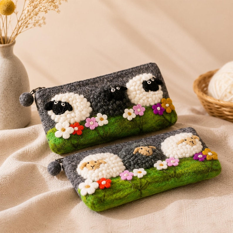 Handmade Wool Felt Sheep Meadow Pouch with Zipper, Lamb Coin Purse, 7.5 x 4.3 in