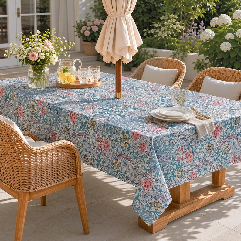 Vine & Leaves Spill Resistant Tablecloth with Umbrella Hole & Zipper, Linen Textured Outdoor Patio Dining Table Cover, Green Botanical Garden Design