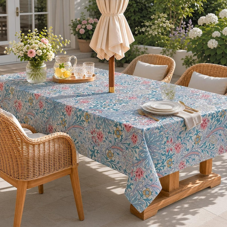 White Botanical Linen-Textured Rectangular Outdoor Tablecloth with Umbrella Hole and Zipper, Spill Resistant Patio Table Cover