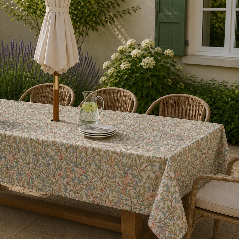 Waterproof Outdoor Tablecloth with Umbrella Hole or Zipper, Linen Look TPU Coated Patio Table Cover, Boho Botanical, Rectangle & Square