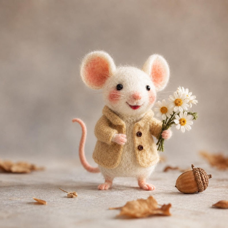 Needle Felt Mouse Figurine, Handmade Wool Mouse, Miniature Shelf Decor, 3 in, Assorted Styles