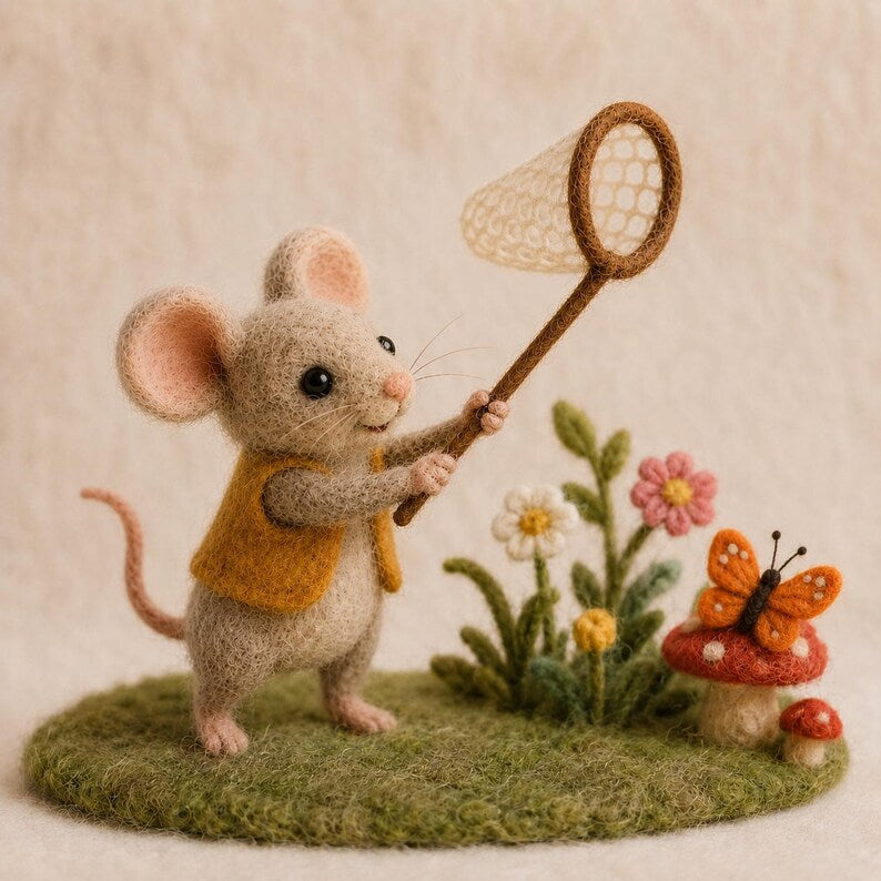 Needle Felt Mouse Figurine, Handmade Wool Mouse, Miniature Shelf Decor, 3 in, Assorted Styles