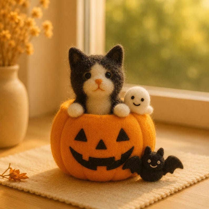 Handmade Needle Felt Halloween Mouse Figurine, Wool Pumpkin Decor, Autumn Shelf Styling, 3-3.5 in Tall