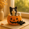 Handmade Needle Felt Halloween Mouse Figurine, Wool Pumpkin Decor, Autumn Shelf Styling, 3-3.5 in Tall