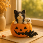 Handmade Needle Felt Halloween Mouse Figurine, Wool Pumpkin Decor, Autumn Shelf Styling, 3-3.5 in Tall