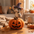 Handmade Needle Felt Halloween Mouse Figurine, Wool Pumpkin Decor, Autumn Shelf Styling, 3-3.5 in Tall