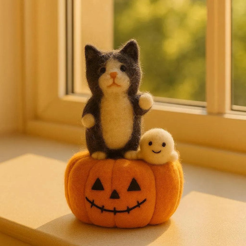 Handmade Needle Felt Halloween Mouse Figurine, Wool Pumpkin Decor, Autumn Shelf Styling, 3-3.5 in Tall