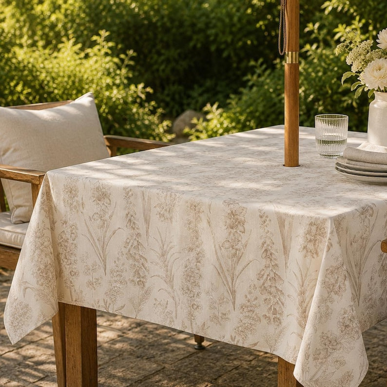 Waterproof Outdoor Tablecloth with Umbrella Hole or Zipper, Linen Look TPU Coated Patio Table Cover, Boho Botanical, Rectangle & Square