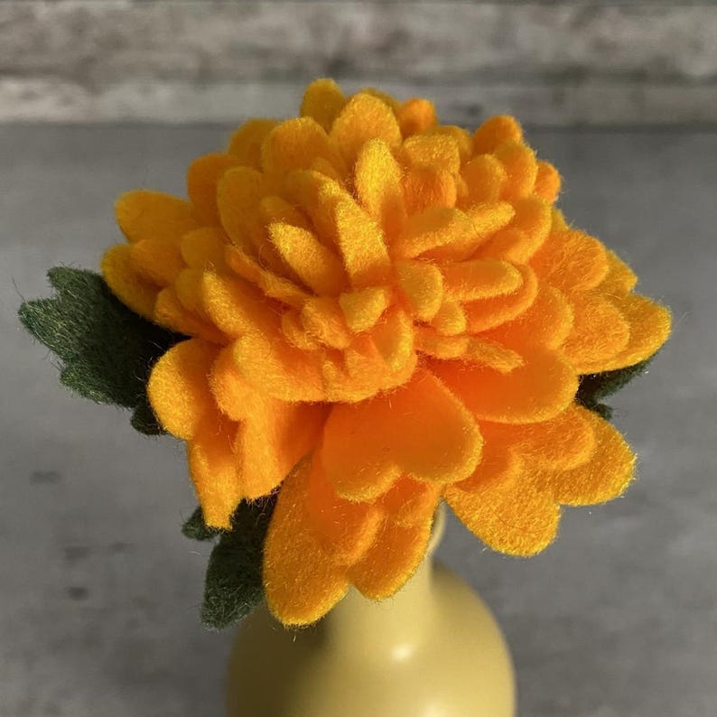 Handmade Felt Marigold Stem Artificial Fall Flower 2 Inch Bloom Gold Rust Orange