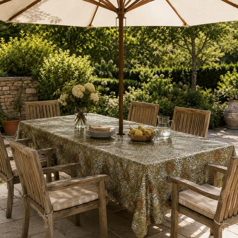 Waterproof Outdoor Tablecloth with Umbrella Hole or Zipper, Linen Look TPU Coated Patio Table Cover, Boho Botanical, Rectangle & Square