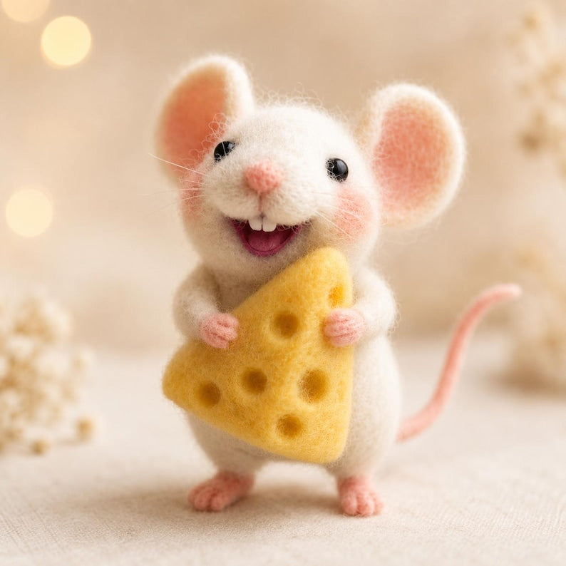 Needle Felt Mouse Figurine, Handmade Wool Mouse, Miniature Shelf Decor, 3 in, Assorted Styles