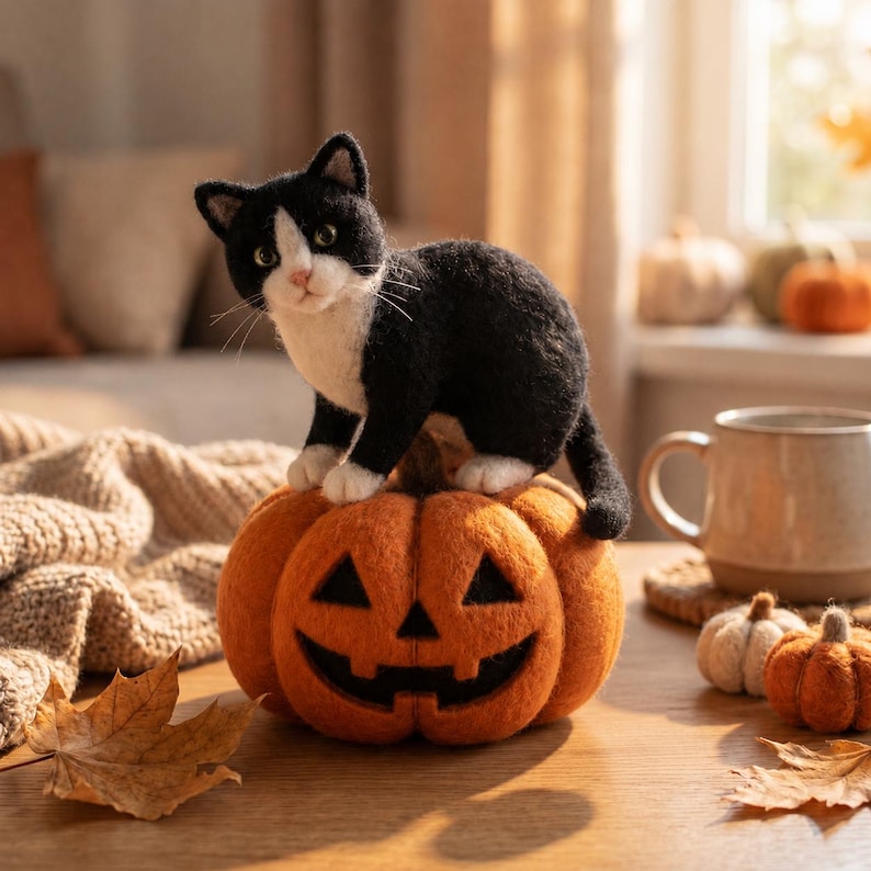 Handmade Needle Felt Halloween Mouse Figurine, Wool Pumpkin Decor, Autumn Shelf Styling, 3-3.5 in Tall