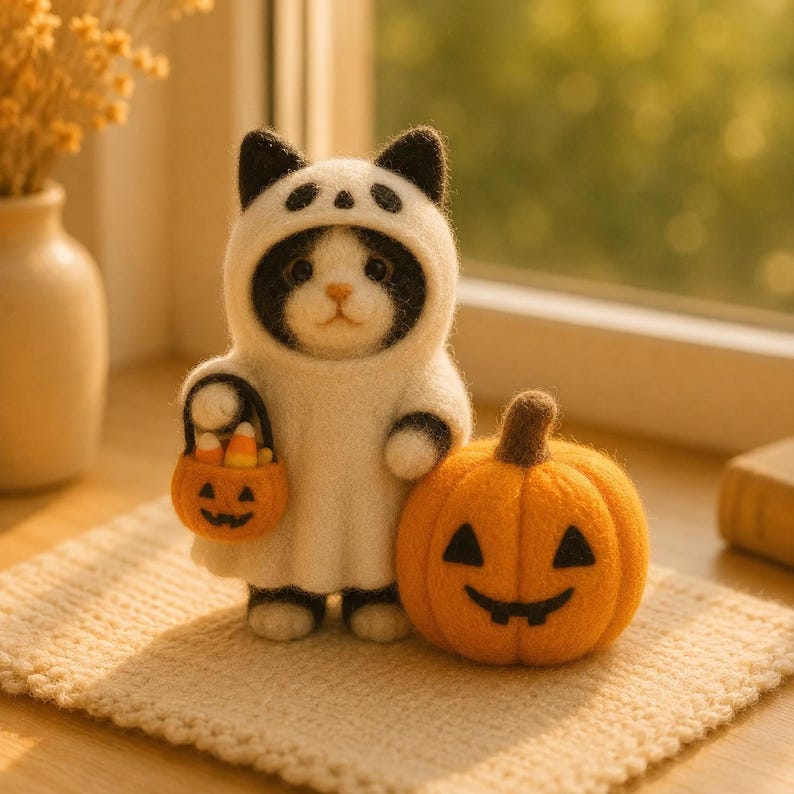 Handmade Needle Felt Halloween Mouse Figurine, Wool Pumpkin Decor, Autumn Shelf Styling, 3-3.5 in Tall