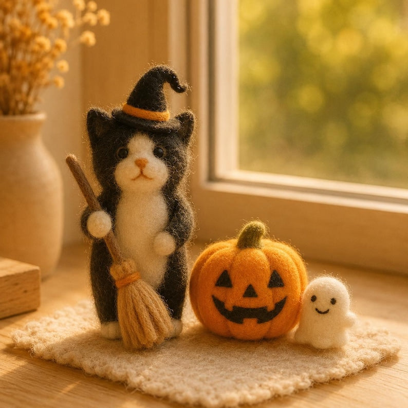 Handmade Needle Felt Halloween Mouse Figurine, Wool Pumpkin Decor, Autumn Shelf Styling, 3-3.5 in Tall