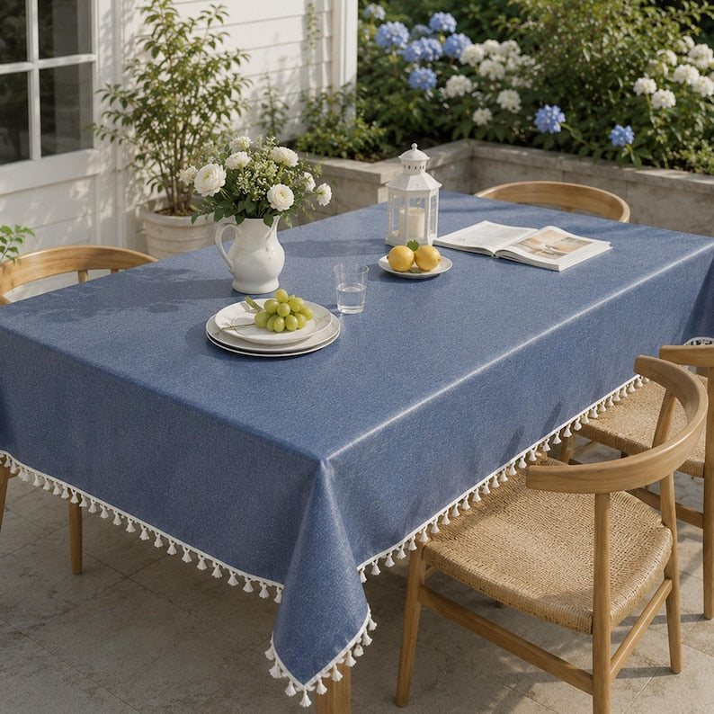 Waterproof Rectangle Table Cover, Wipeable TPU-Coated Linen-Look Tablecloth, Dusty Blue, Oversized Sizes