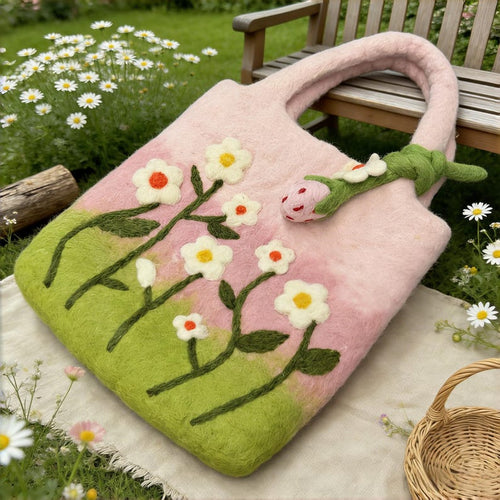 Hand Felted Wool Daisy Meadow Top Handle Handbag, Cottagecore Tote, Pink Green Gradient