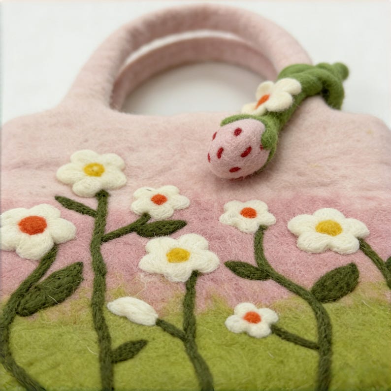 Hand Felted Wool Daisy Meadow Top Handle Handbag, Cottagecore Tote, Pink Green Gradient