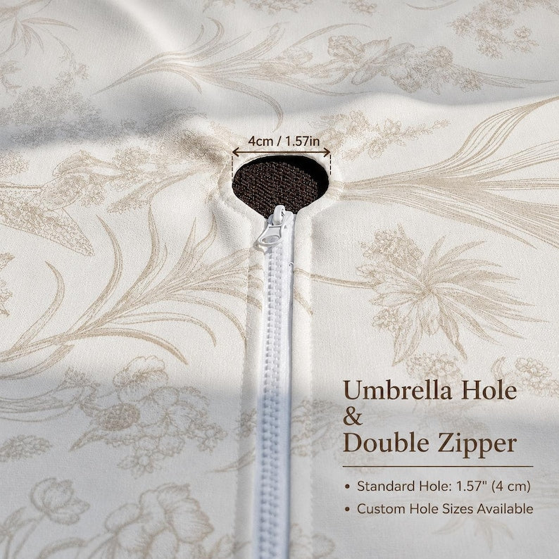 Vine & Leaves Spill Resistant Tablecloth with Umbrella Hole & Zipper, Linen Textured Outdoor Patio Dining Table Cover, Green Botanical Garden Design