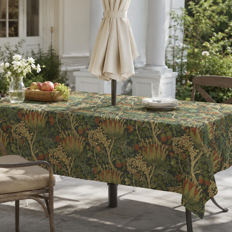 White Botanical Linen-Textured Rectangular Outdoor Tablecloth with Umbrella Hole and Zipper, Spill Resistant Patio Table Cover