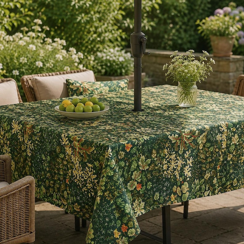 White Botanical Linen-Textured Rectangular Outdoor Tablecloth with Umbrella Hole and Zipper, Spill Resistant Patio Table Cover