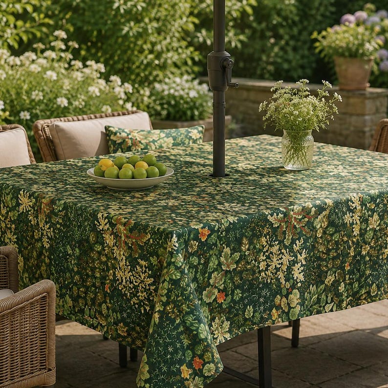 Blue Chrysanthemum Rectangular Tablecloth 280 GSM Linen-Textured Spill-Resistant with Umbrella Hole & Zipper