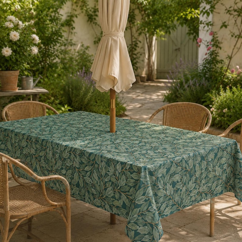 Vine & Leaves Spill Resistant Tablecloth with Umbrella Hole & Zipper, Linen Textured Outdoor Patio Dining Table Cover, Green Botanical Garden Design