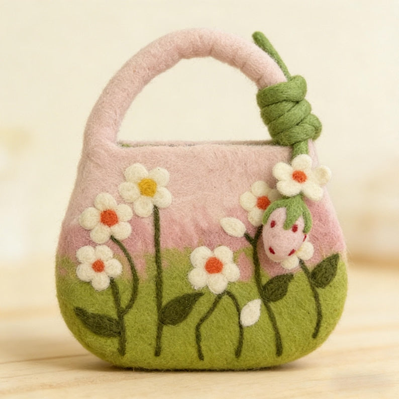 Wool Felt Daisy Flower Top Handle Bag, Pink Green, 28cm x 19cm