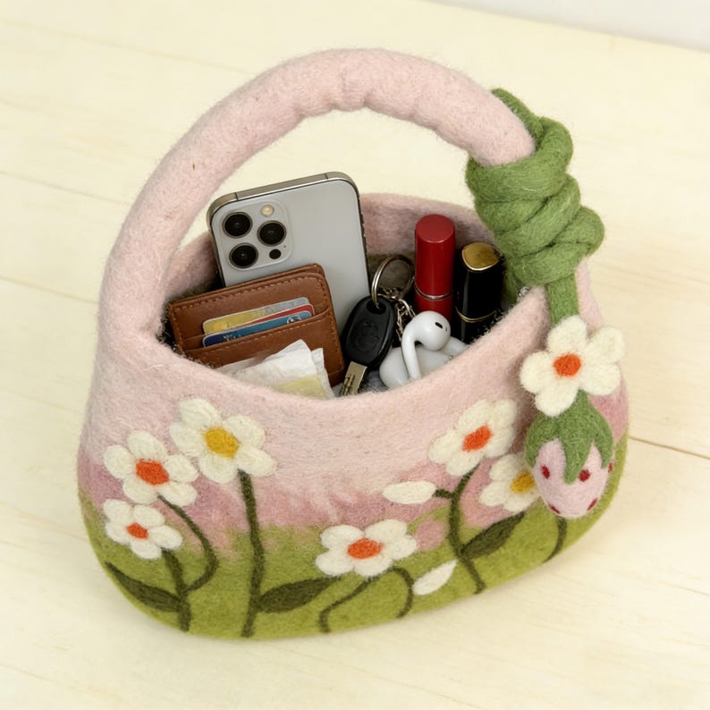 Wool Felt Daisy Flower Top Handle Bag, Pink Green, 28cm x 19cm