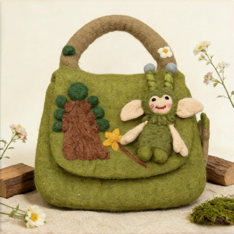 Green Wool Felt Fairy Top Handle Bag with Woodland Scene and Daisy Trim, 28cm x 20cm